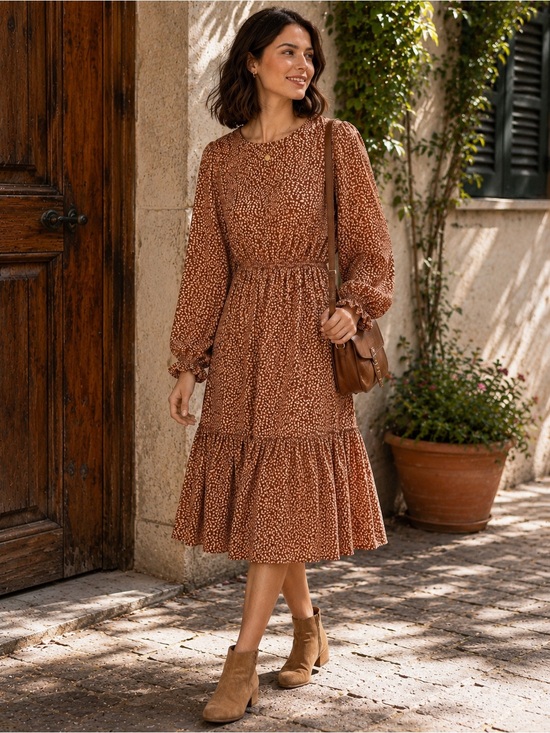 Tulip B Dresses & Skirts - Smocked Waist Midi Dress in Rust Dots / Hearts Pockets Lined Prairie